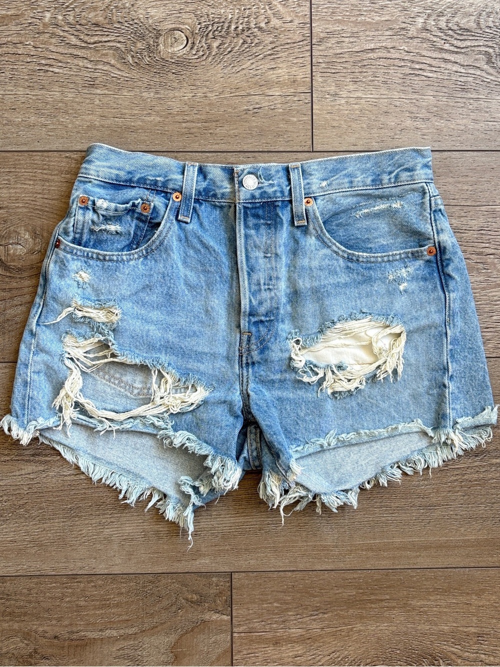 Levi's 501 Light Blue Distressed Denim High Waisted Cutoff Jean Shorts